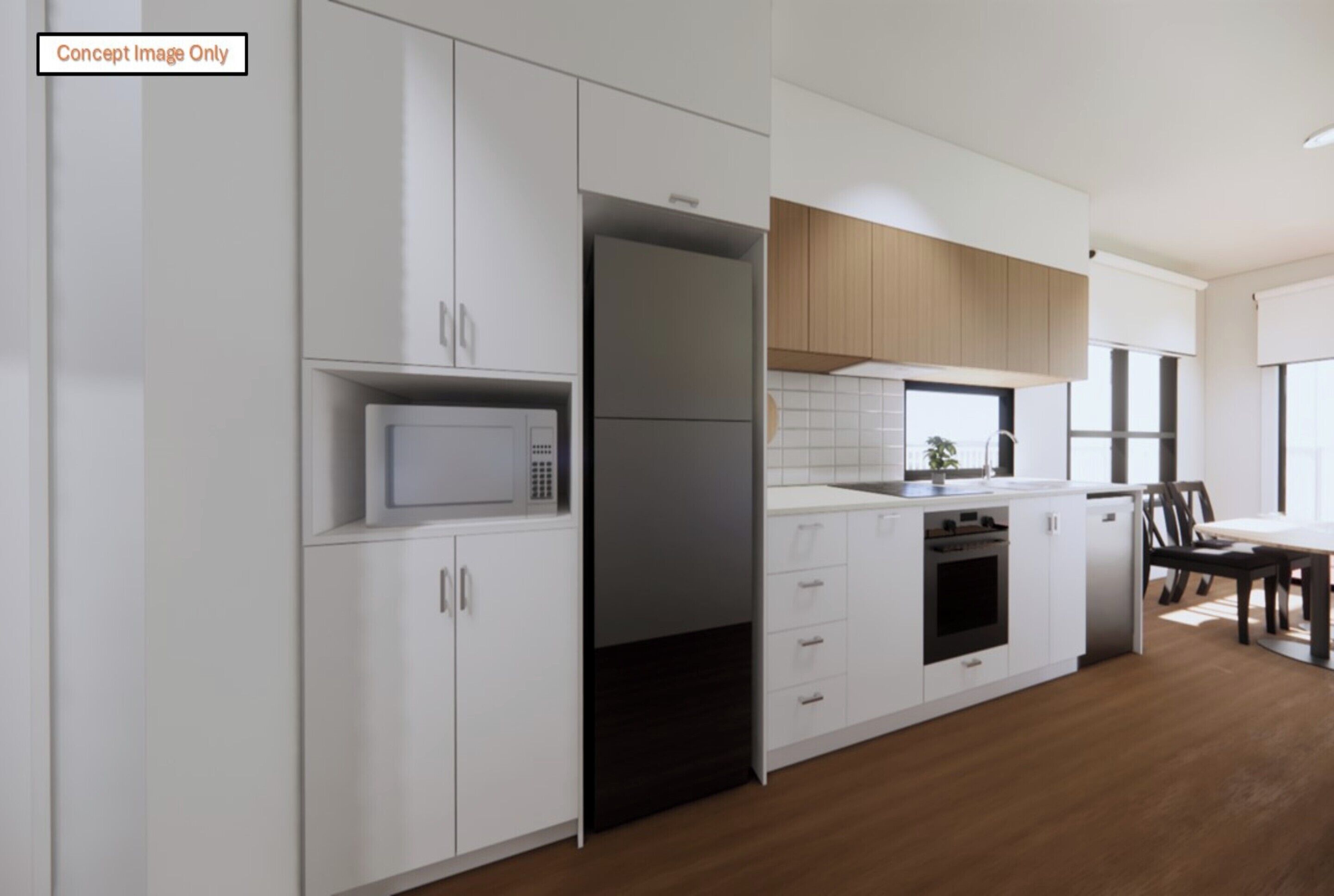 Una cocina moderna con armarios blancos, un microondas y un horno empotrado.
