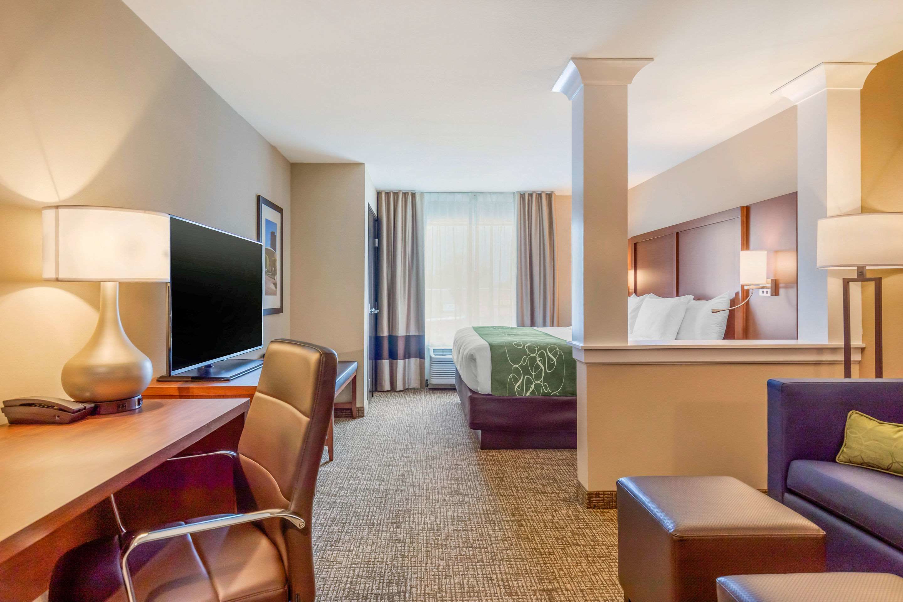 A hotel room with a desk, chair, bed, and a sofa.