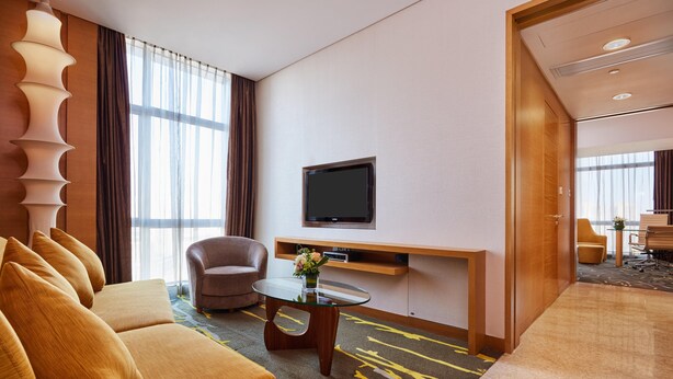 A hotel room with a sofa, armchair, TV, and a small table with a vase.