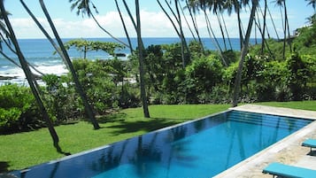 A swimming pool with a view of the ocean and palm trees.