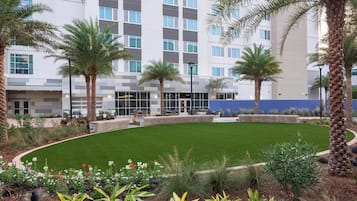 A landscaped courtyard with palm trees, a well-maintained lawn, and a building with multiple windows and balconies.