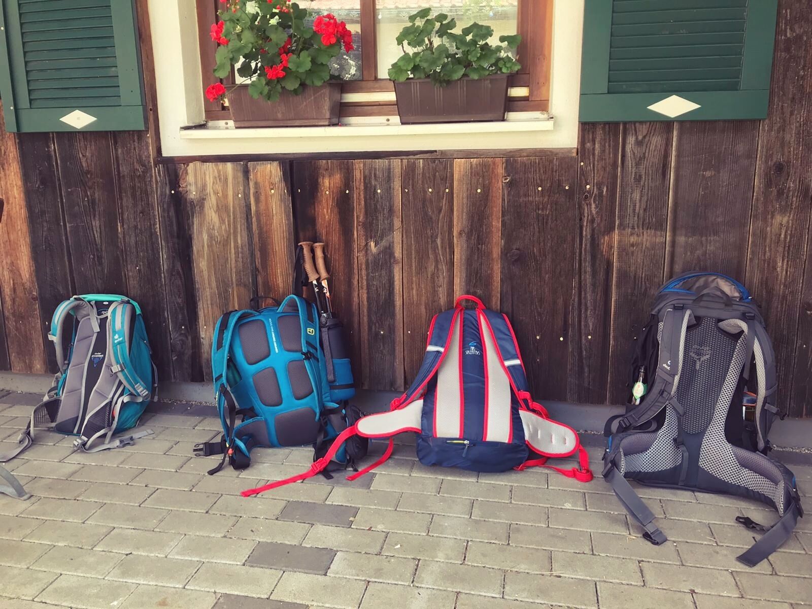 Three backpacks lined up against a wooden wall with a window above them.