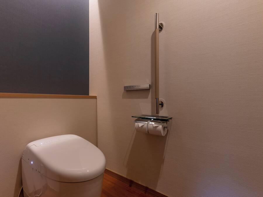 A bathroom with a toilet, a glass-encased bidet, and a wooden floor.