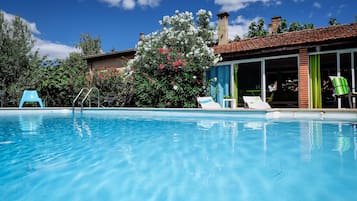 Seasonal outdoor pool, pool umbrellas, pool loungers