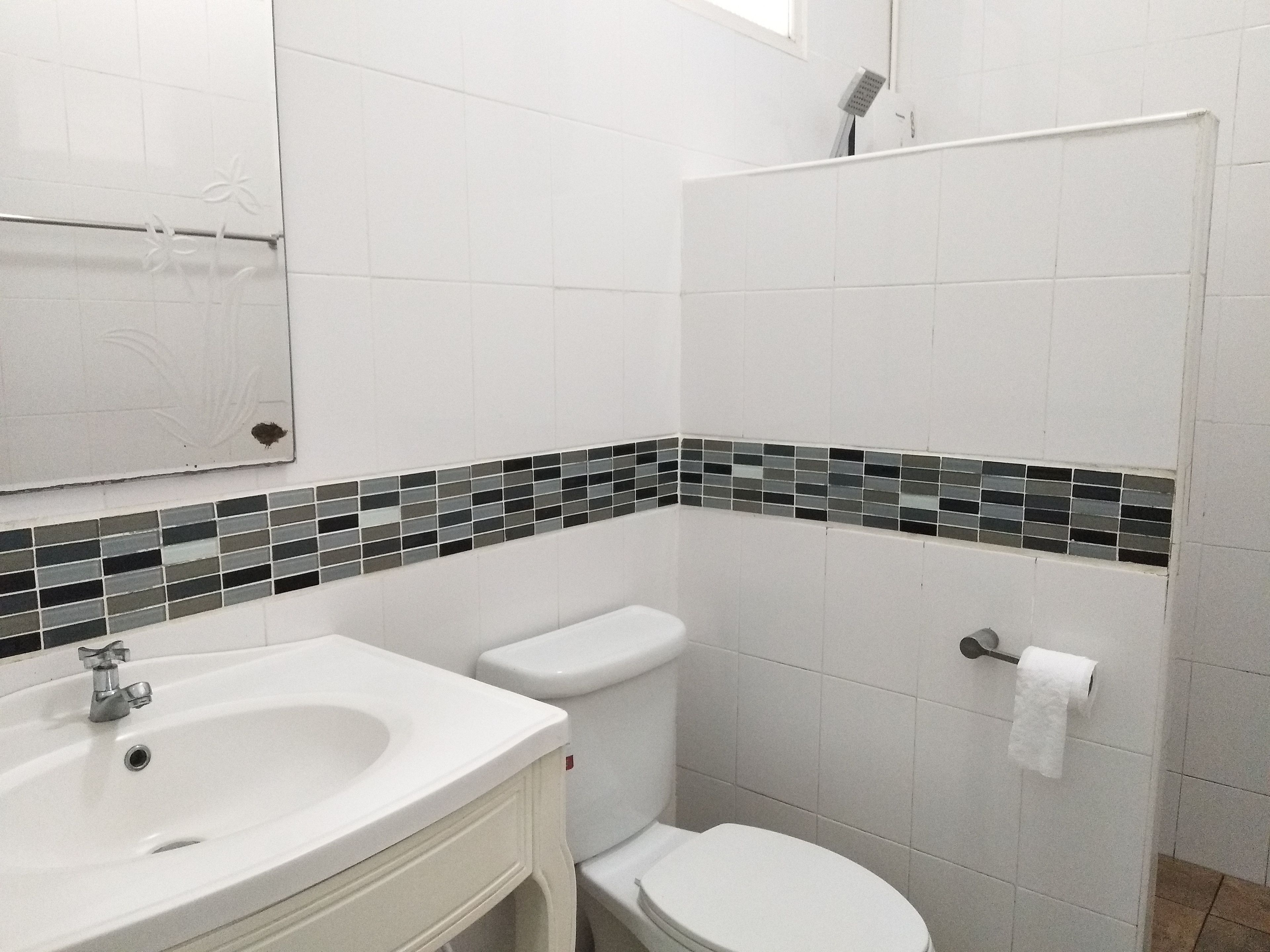 Un baño con lavamanos, inodoro y ducha blancos.
