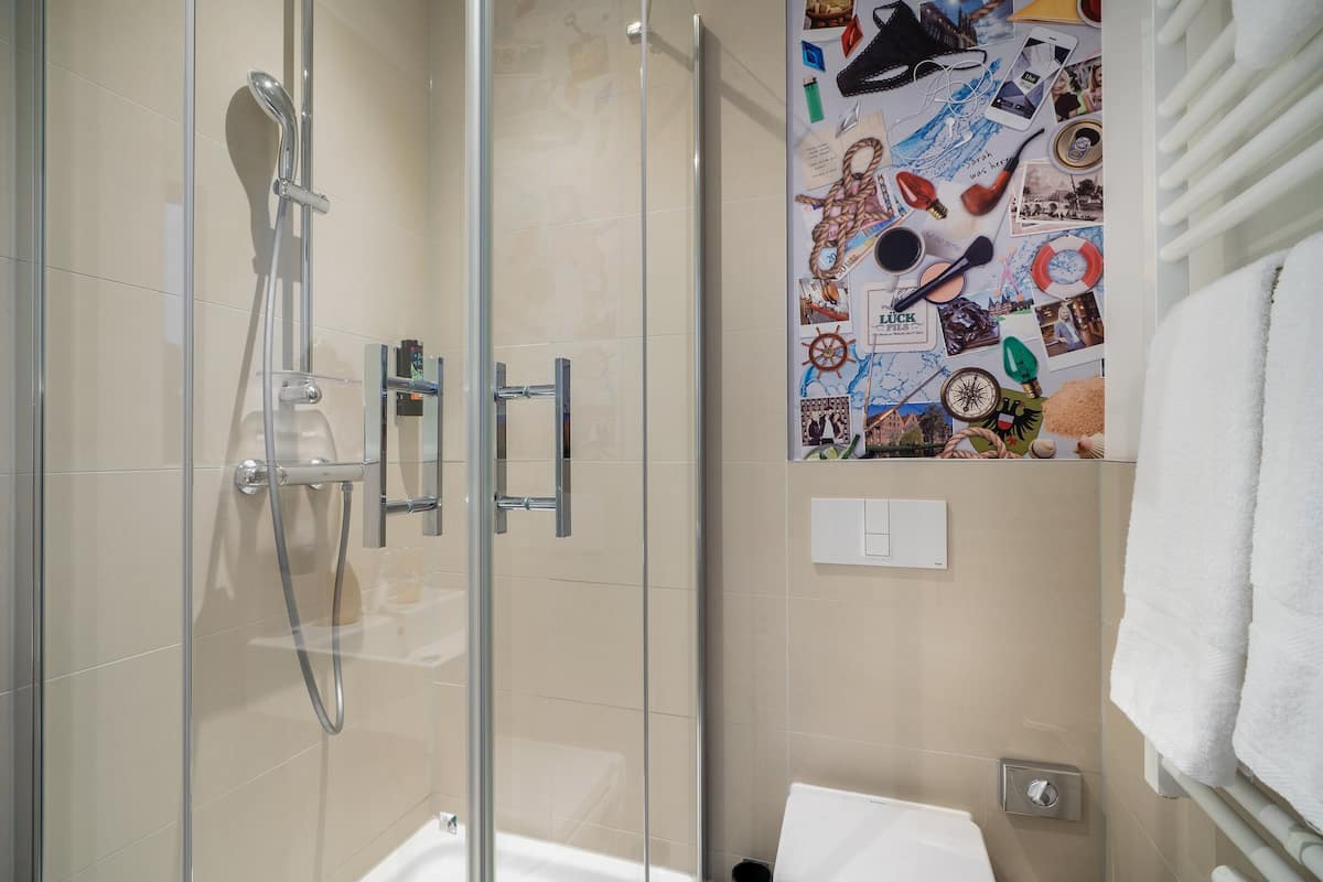 Shower, free toiletries, hair dryer, towels