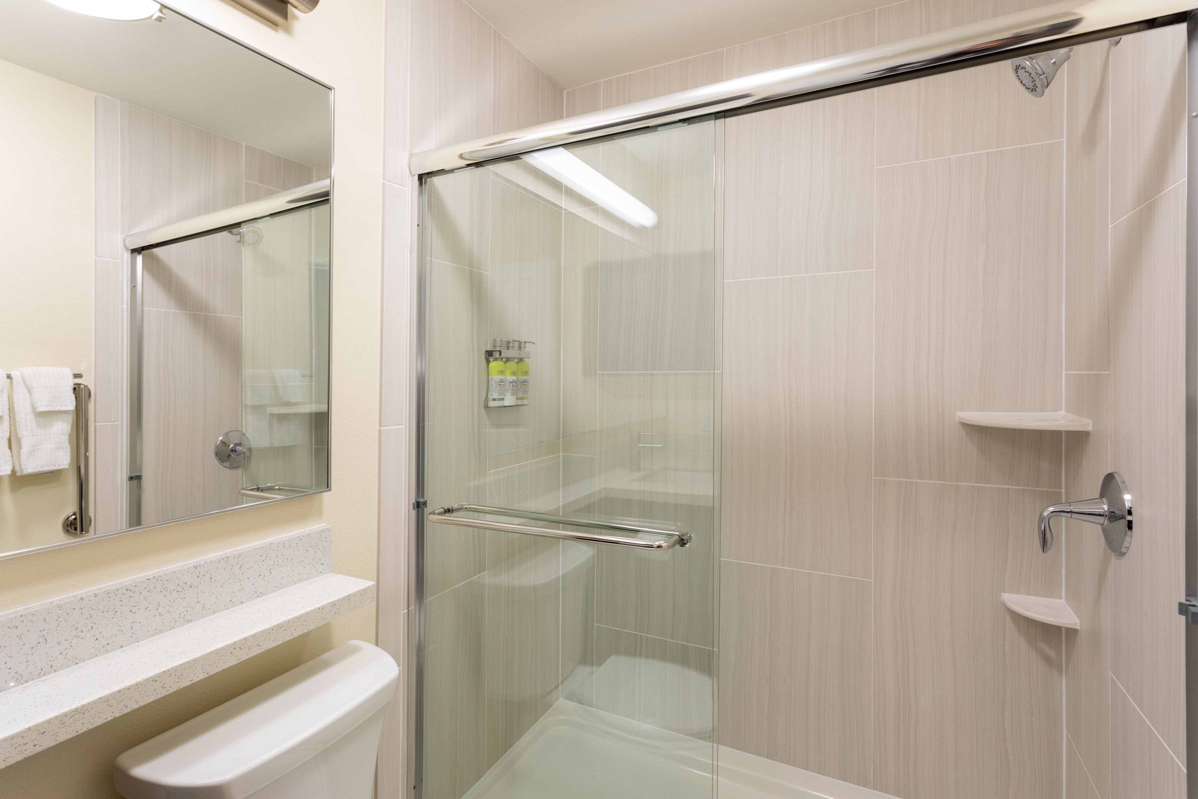 A modern bathroom with a glass-enclosed shower, a white sink, and a mirror.