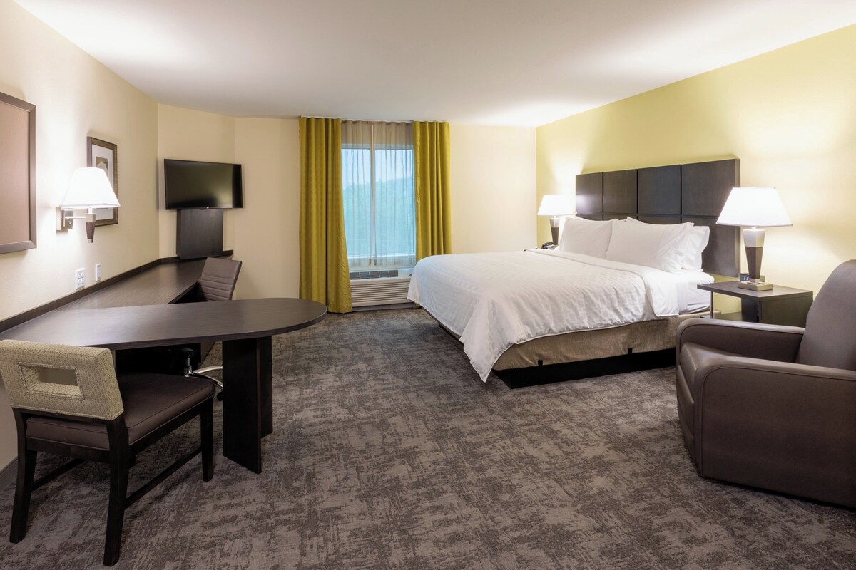 A hotel room with a bed, a desk, a chair, a TV, and a window with curtains.