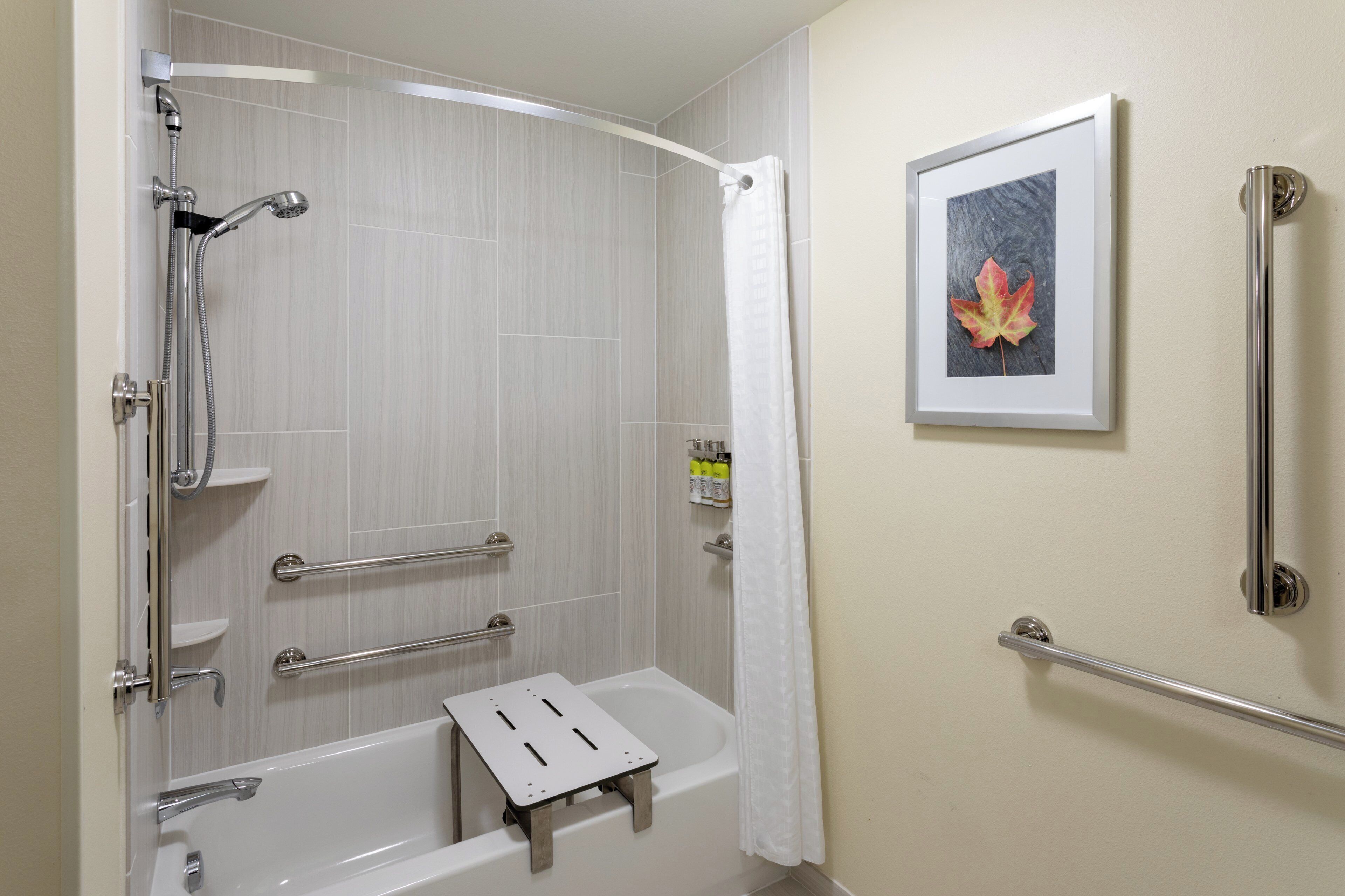 A modern bathroom with a walk-in shower, grab bars, a white bathtub, and a framed picture on the wall.