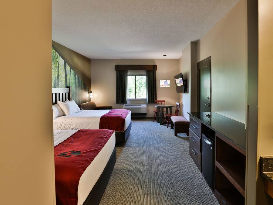 Hotelkamer met twee bedden, een bureau, een stoel, een televisie en een raam met uitzicht op bomen.