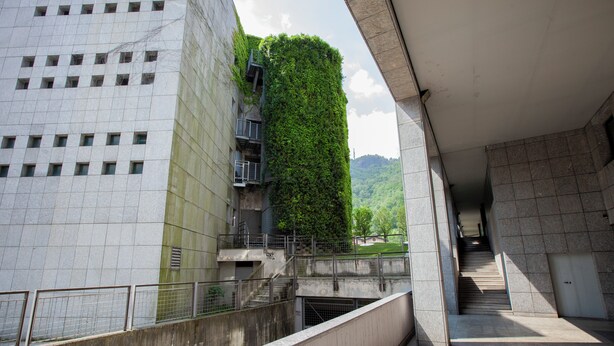 Ein modernes Gebäude mit einer vertikalen Grünanlage, einer Treppe und Blick auf einen Hügelhang.