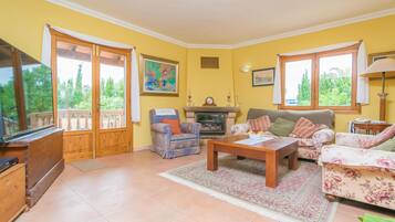 Een televisie en een open haard