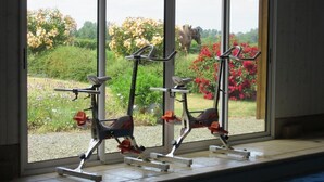 Three stationary bikes positioned by a window with a view of a garden and a horse. - Ecuries de Kerbalan Gîtes à la ferme (Gommenec'h)