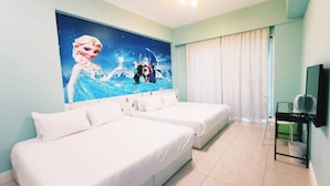 A hotel room with two beds, a large wall mural, a television, and a window with curtains. - Love 300 (Luodong)