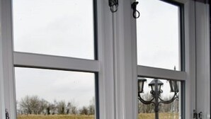 A room with a large window, a potted plant, and a lamp. - Reetdachhaus Bongsiel (Ockholm)