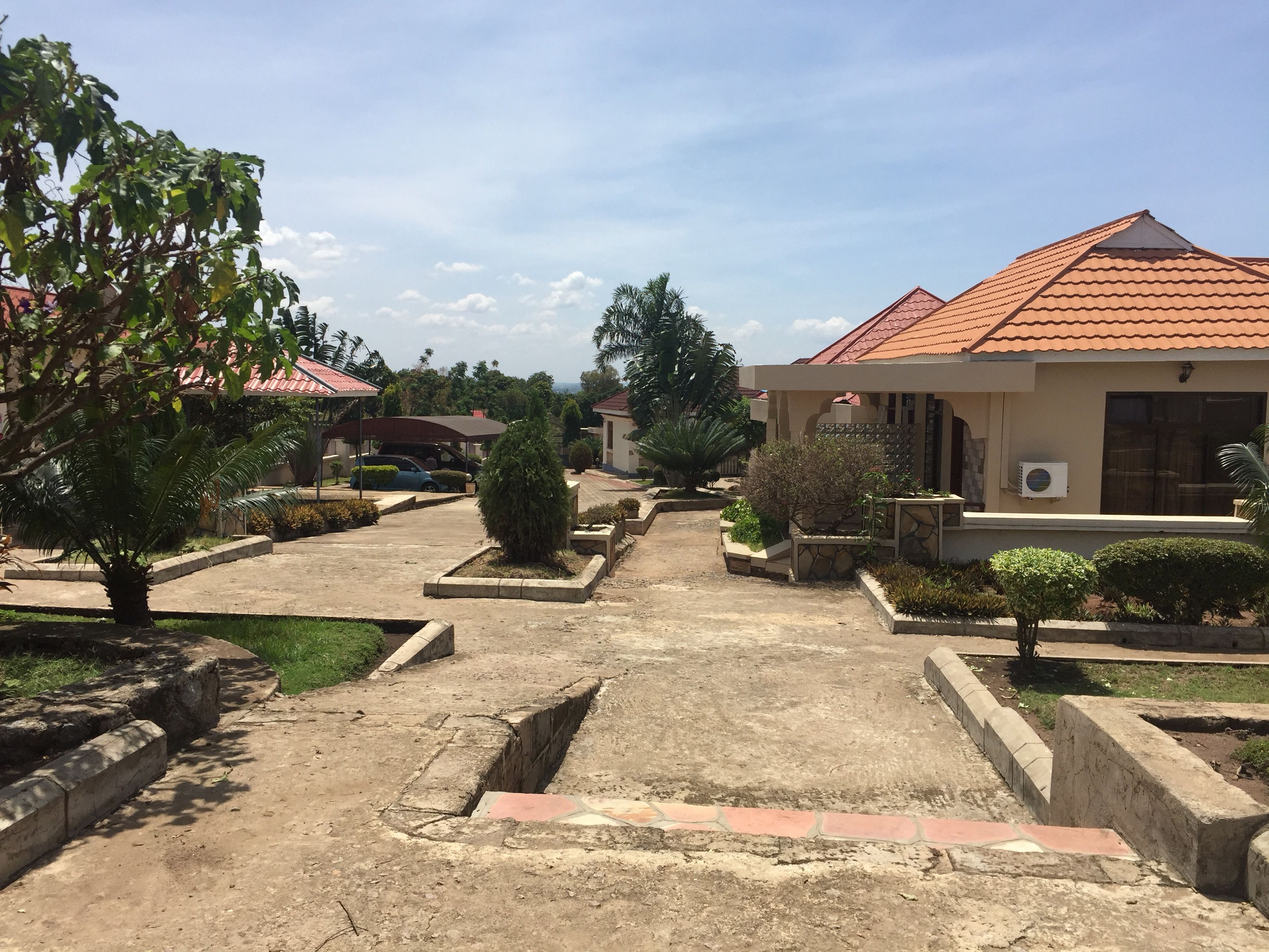 A residential area with houses, a paved driveway, and landscaped gardens.