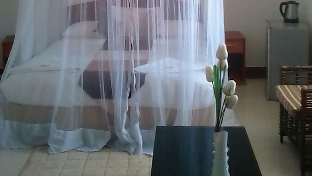 A bedroom with a bed under a mosquito net, a bedside table with a lamp, and a small table with a vase of flowers. - Dlux Hotel (Nakuru)
