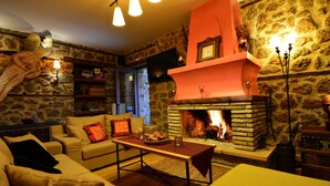 Un salon chaleureux avec un mur en pierre, une cheminée et un coin salon confortable.