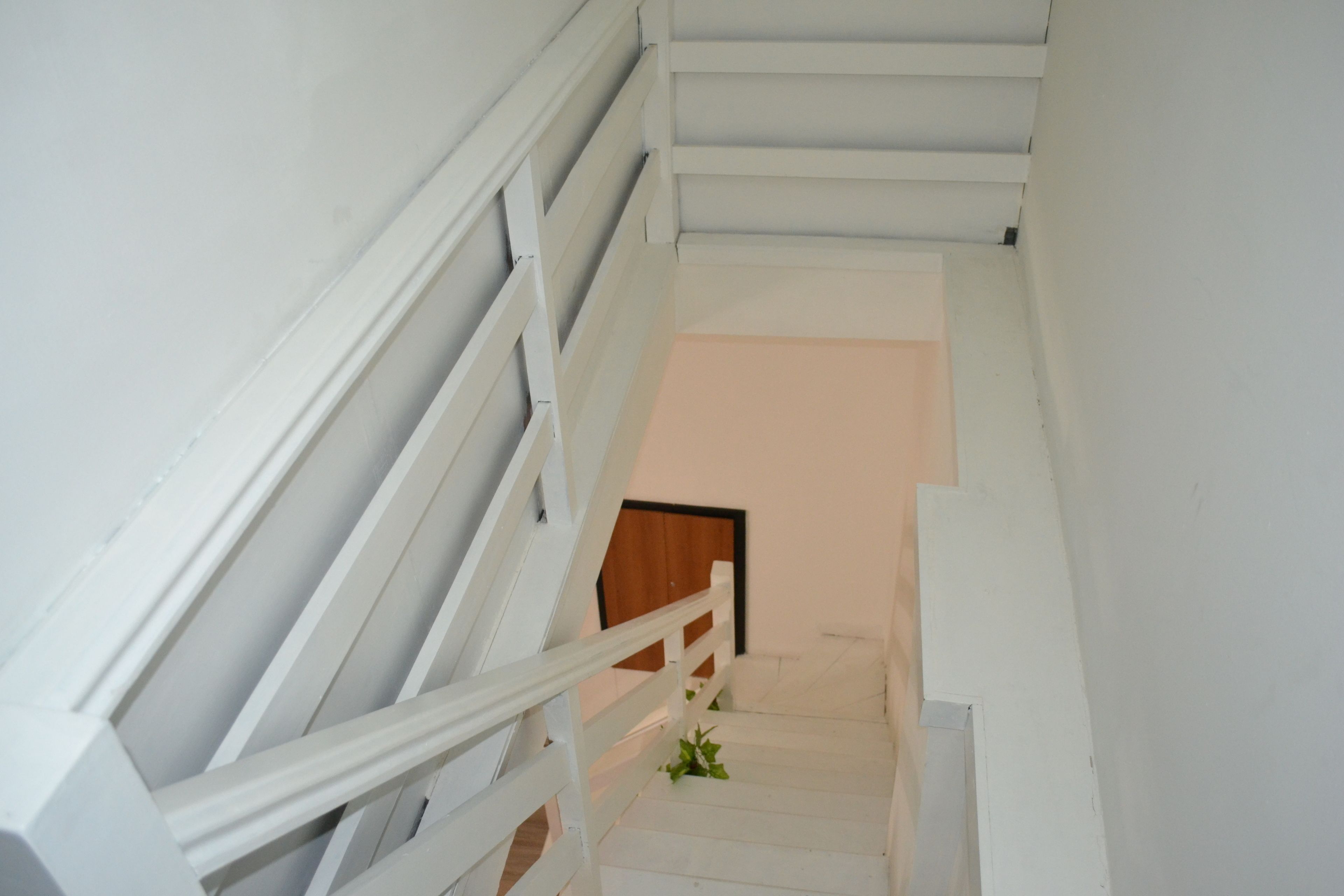 Eine weiße Treppe mit einer Holztür am Fuß.