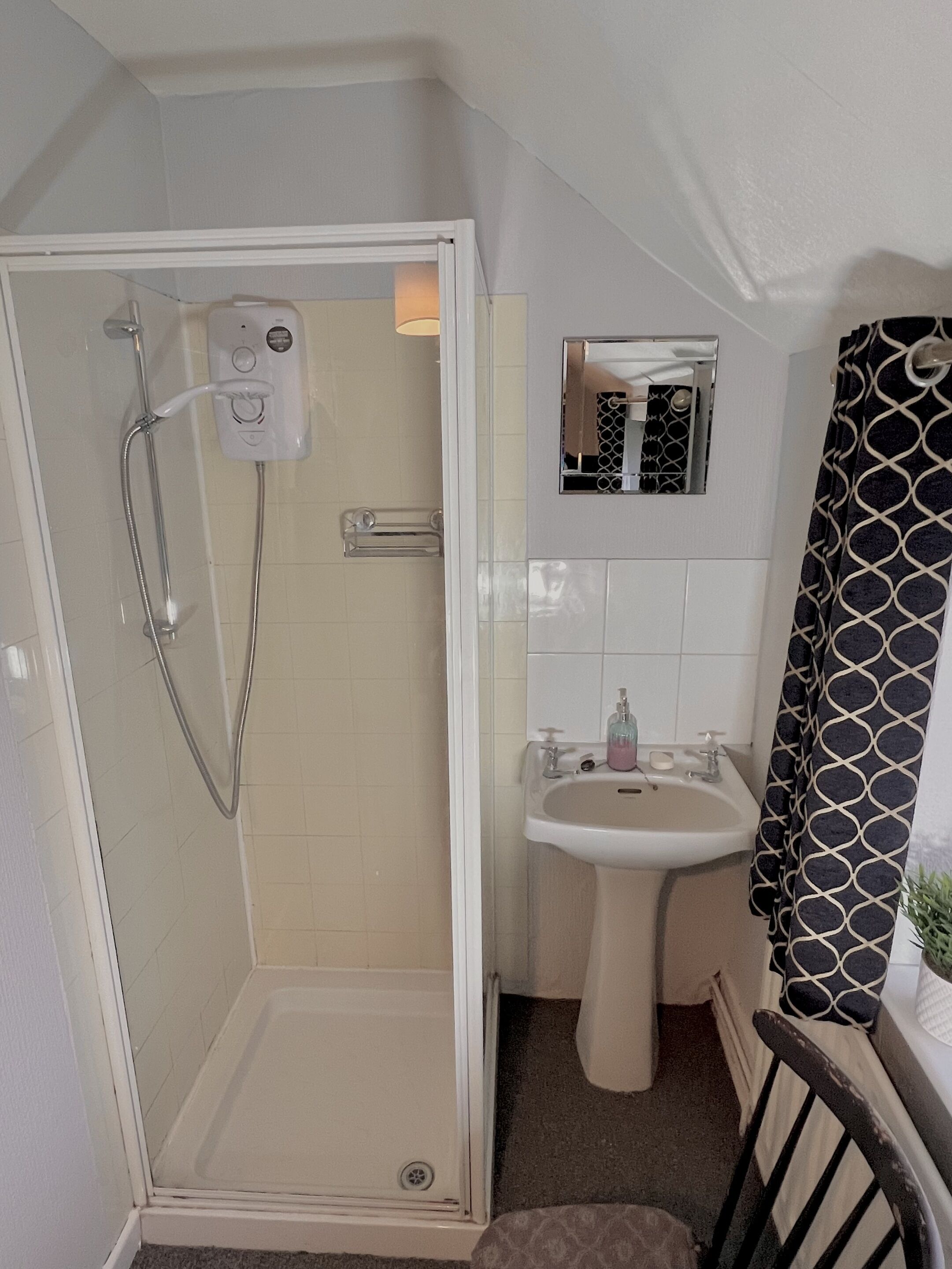 Een badkamer met douche, wastafel en spiegel.