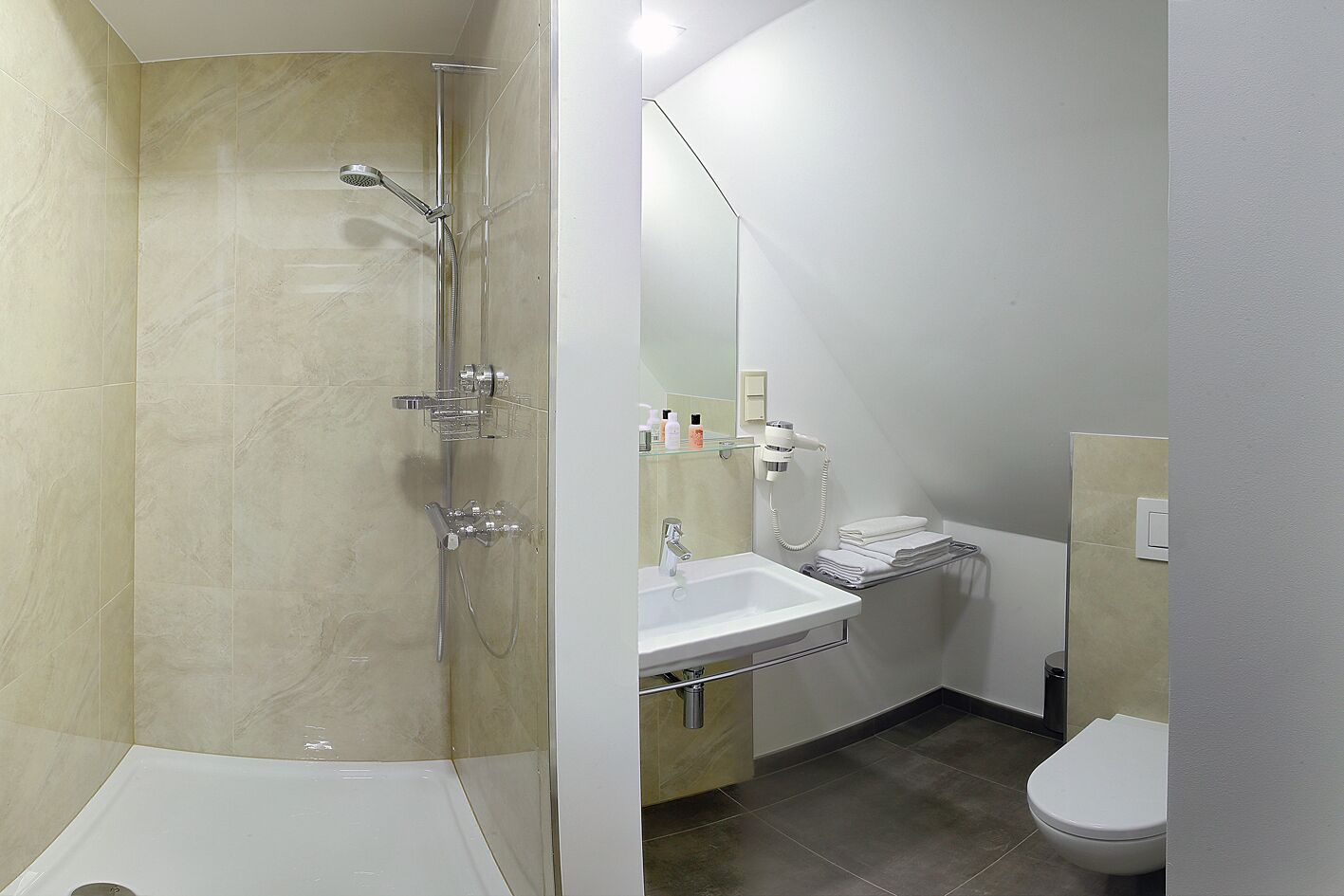 premium double room | bathroom | shower, free toiletries, hair dryer, towels