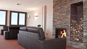Un salon moderne avec une cheminée en pierre, un canapé en cuir et de grandes fenêtres.