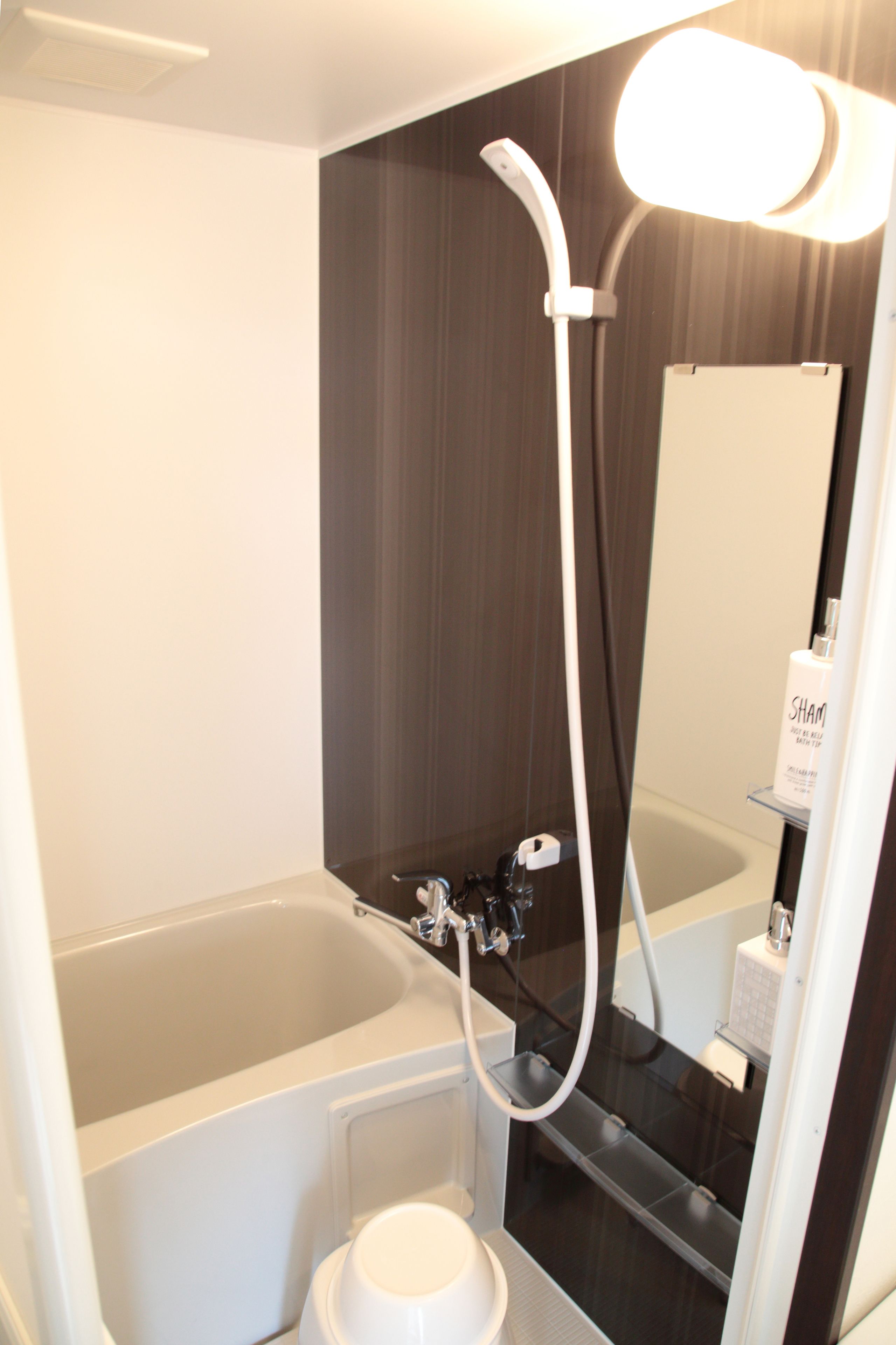 A modern bathroom with a bathtub, a shower, and a toilet.