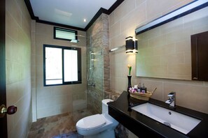 Ein modernes Badezimmer mit einer begehbaren Glasdusche, einer weißen Toilette, einem schwarzen Waschbecken und einem großen Spiegel.