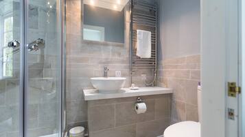 A modern bathroom with a glass shower enclosure, a white sink, and a toilet.
