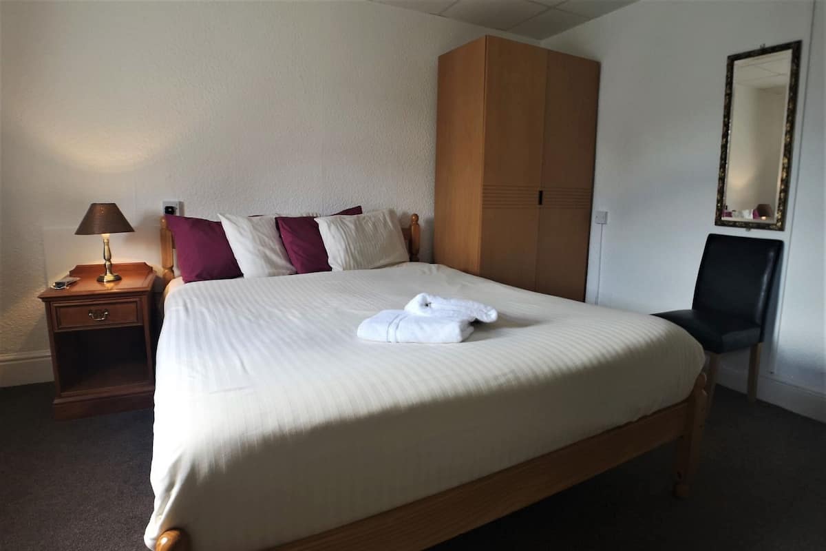 A hotel room with a large bed, a nightstand with a lamp, a wardrobe, a chair, and a mirror on the wall.