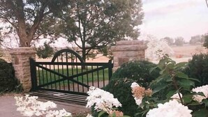 Une entrée fermée par un portail, avec un mur en pierre, un arbre et des fleurs d’hortensia blanches.