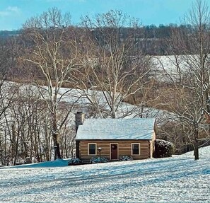 A wooden cabin with a sloped roof, surrounded by leafless trees and a snow-covered landscape. - Cabin in Kentucky Horse Country (Bourbon County)