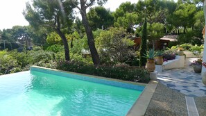 Una piscina al aire libre, sombrillas, sillones reclinables de piscina
