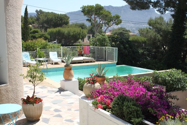 Una piscina al aire libre, sombrillas, sillones reclinables de piscina