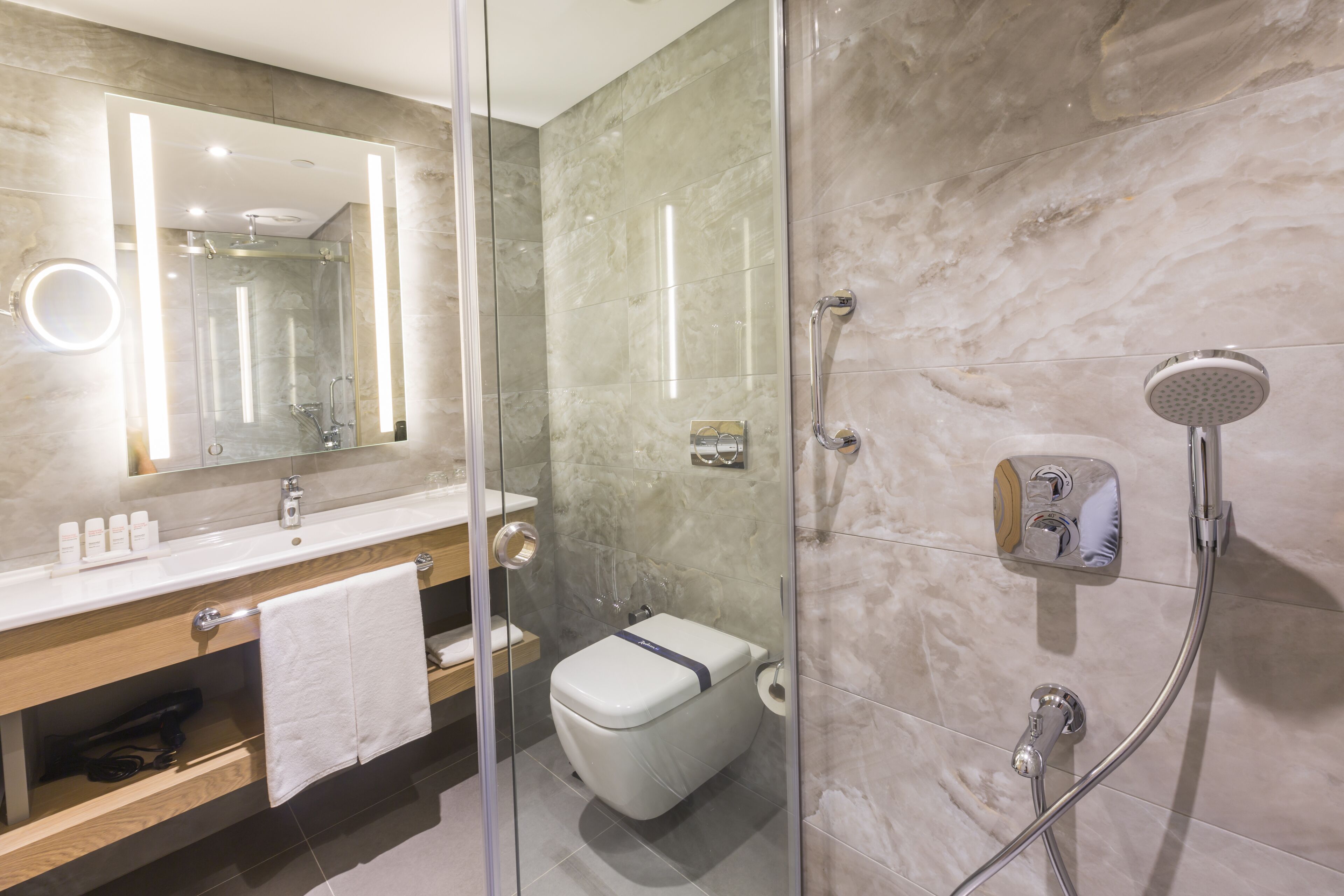 A modern bathroom with a glass-enclosed shower, a vanity with a mirror, and a toilet.