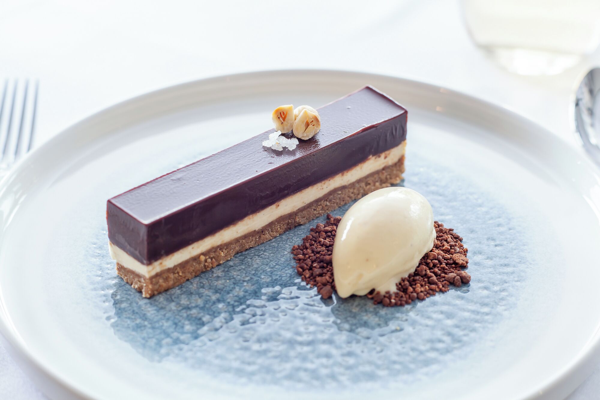A dessert on a plate with a scoop of ice cream and chocolate shavings.