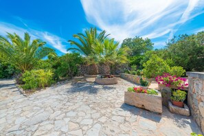 A stone-paved courtyard with potted plants and palm trees. - BARCELO-DANUS - Chalet with terrace in Porto Colom. Free WiFi (Portocolom)