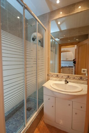 Shower, free toiletries, hair dryer, towels