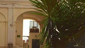 A courtyard with a palm tree, a gate, and an arched entrance. - House in historic villa absolute tranquility sea and center Naples (Napoli)