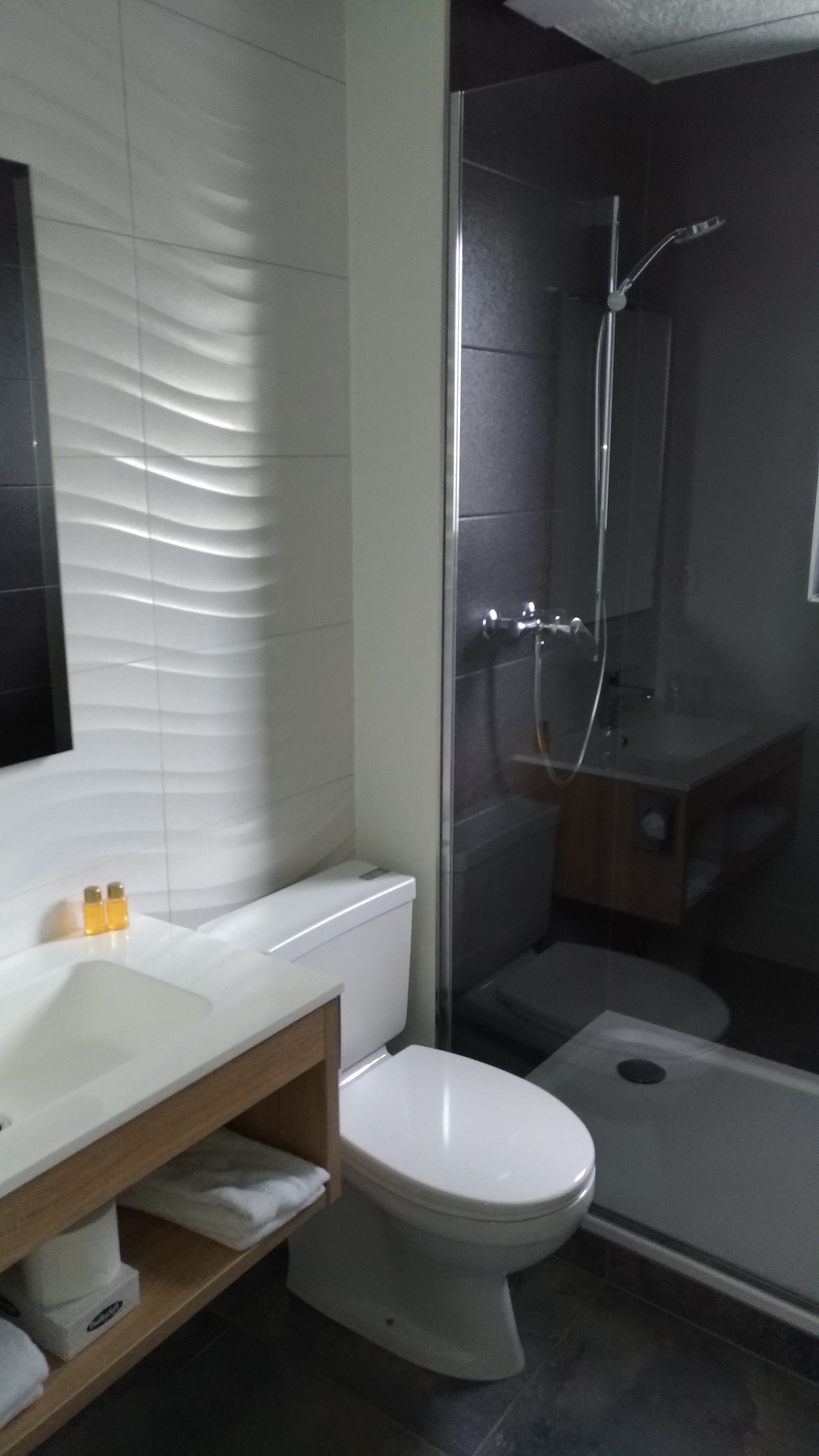Een badkamer met een wit toilet, een glazen douchecabine en een witte wastafel met een houten kast eronder.