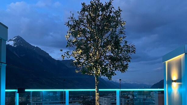 A rooftop terrace with a wooden table and benches, a tree, and a cityscape view in the background. - Campanile Martigny (Martigny)