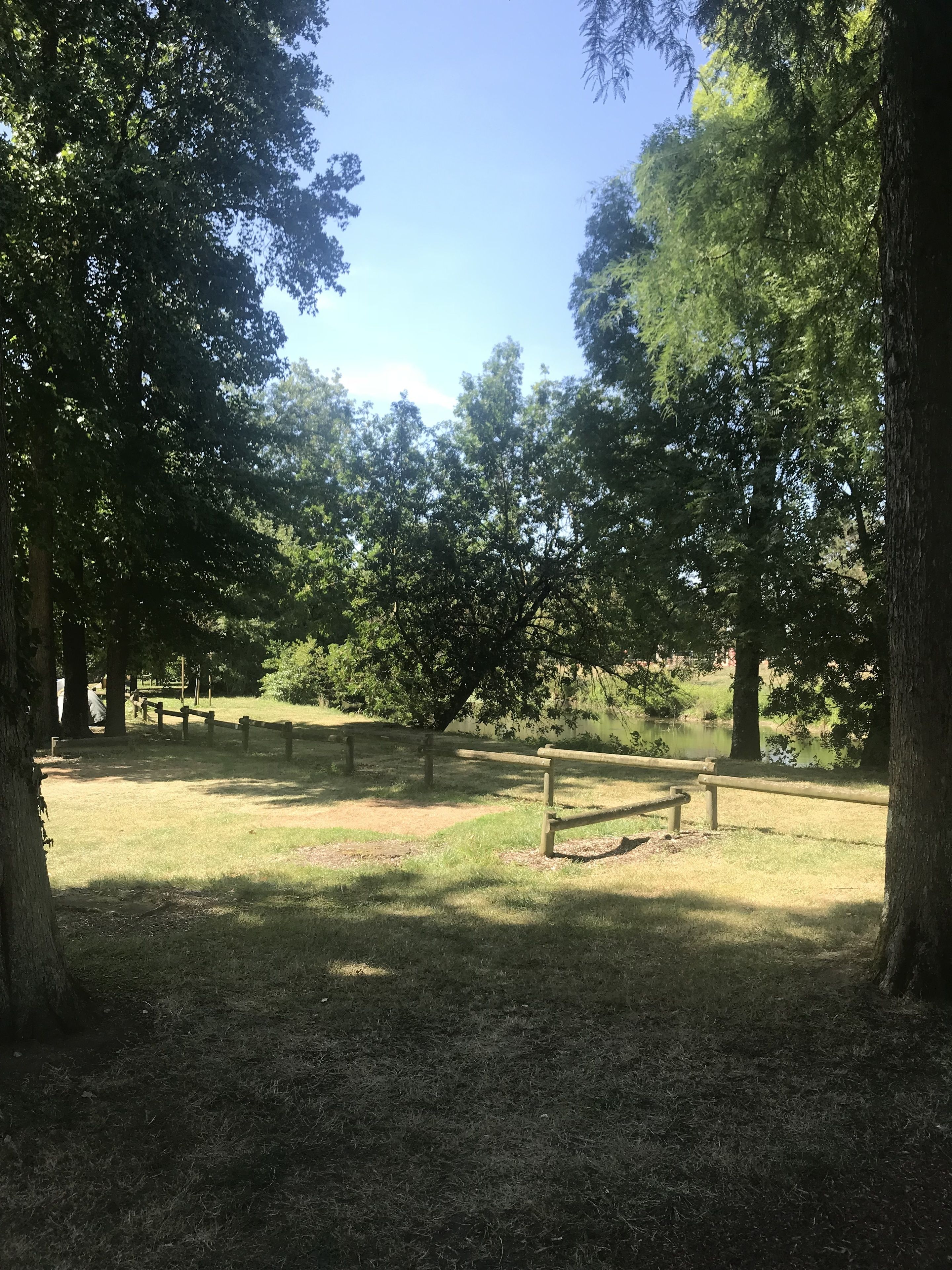 Un parc avec des arbres, une clôture en bois et un ciel dégagé.