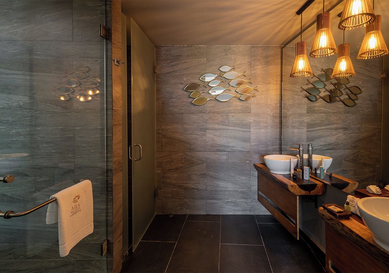 Un baño moderno con cabina de ducha de vidrio, tocador de madera con dos lavabos y un adorno en la pared.