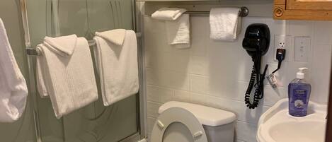 Un baño con inodoro, cabina de ducha de cristal, lavabo y espejo.
