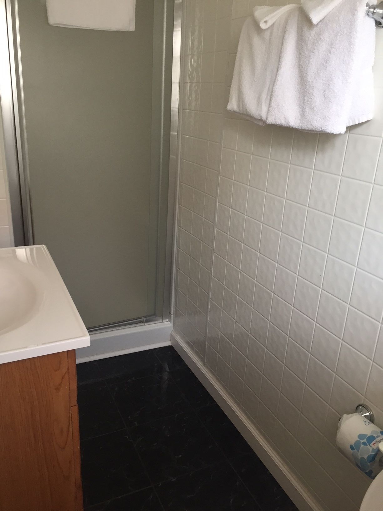 A bathroom with a white sink, a glass shower enclosure, and a toilet with a paper towel holder.