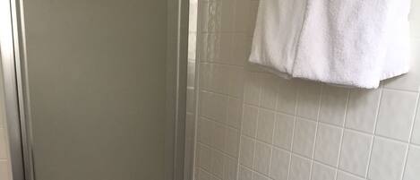 A bathroom with a white sink, a glass shower enclosure, and a toilet with a paper towel holder.