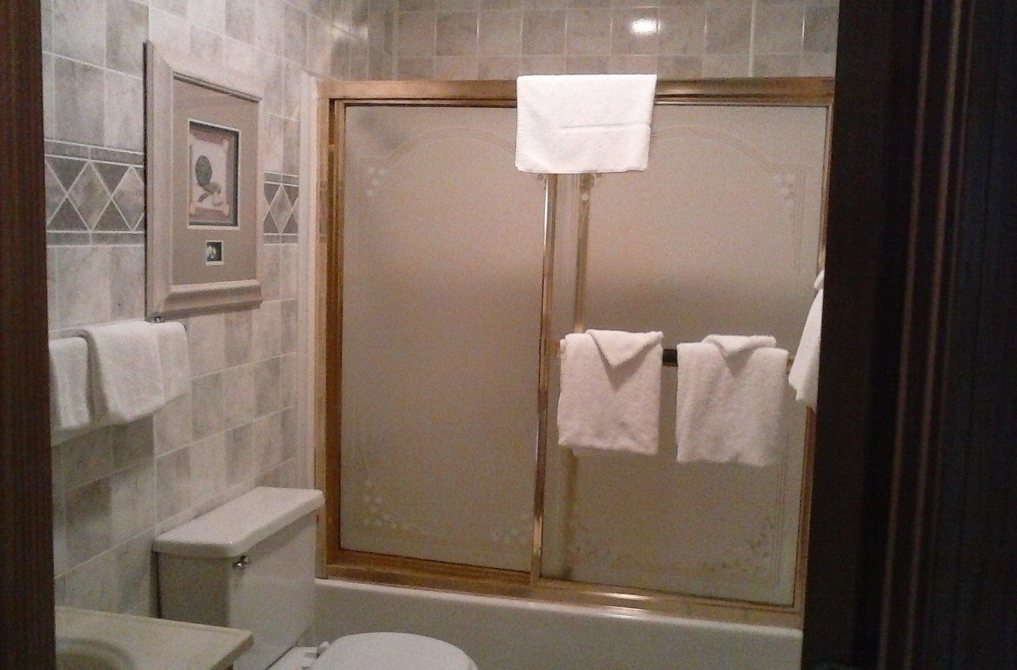 A bathroom with a glass-enclosed shower, a toilet, and a sink.