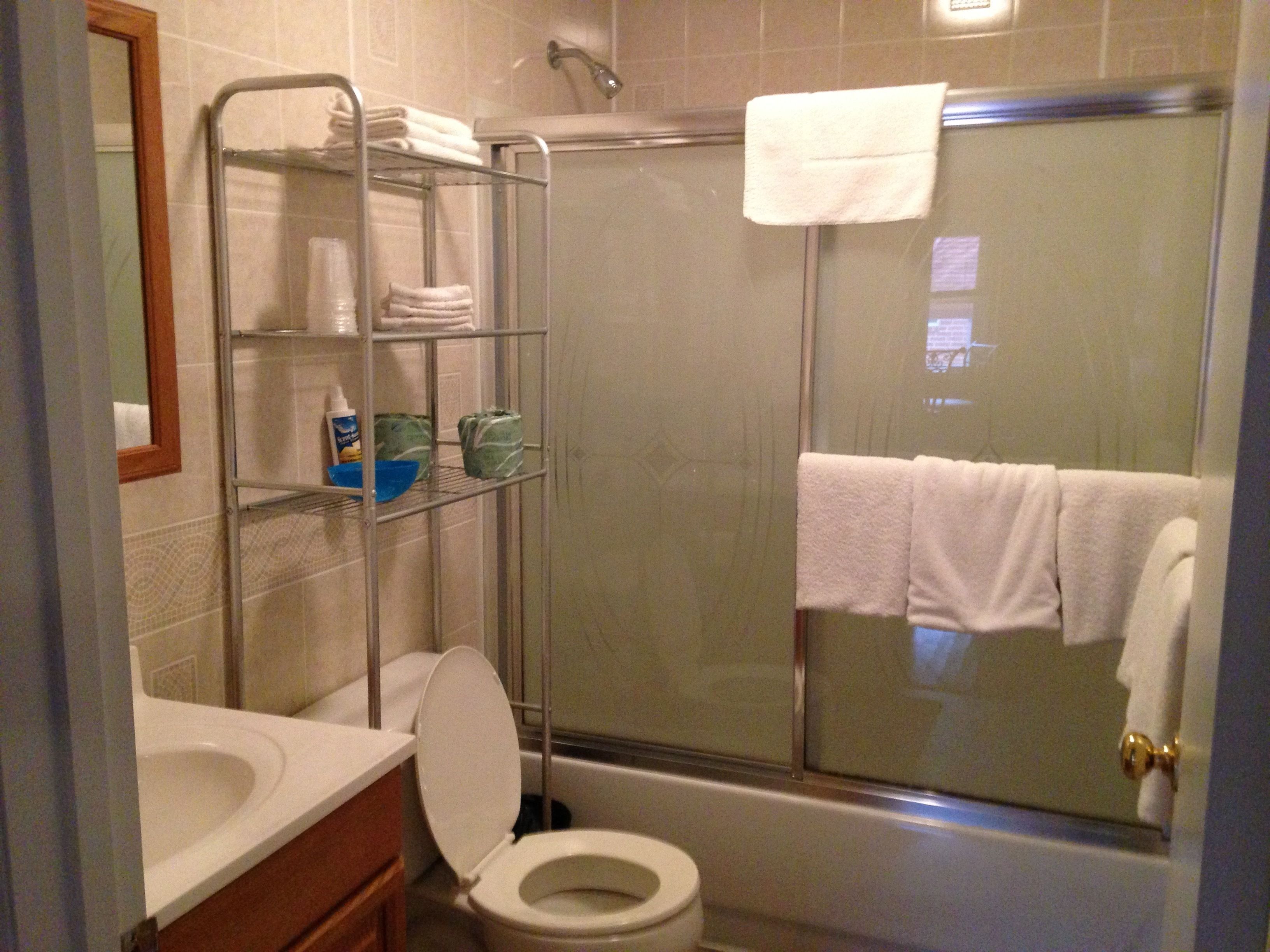 Un baño con inodoro, lavamanos, ducha y un perchero para toallas.
