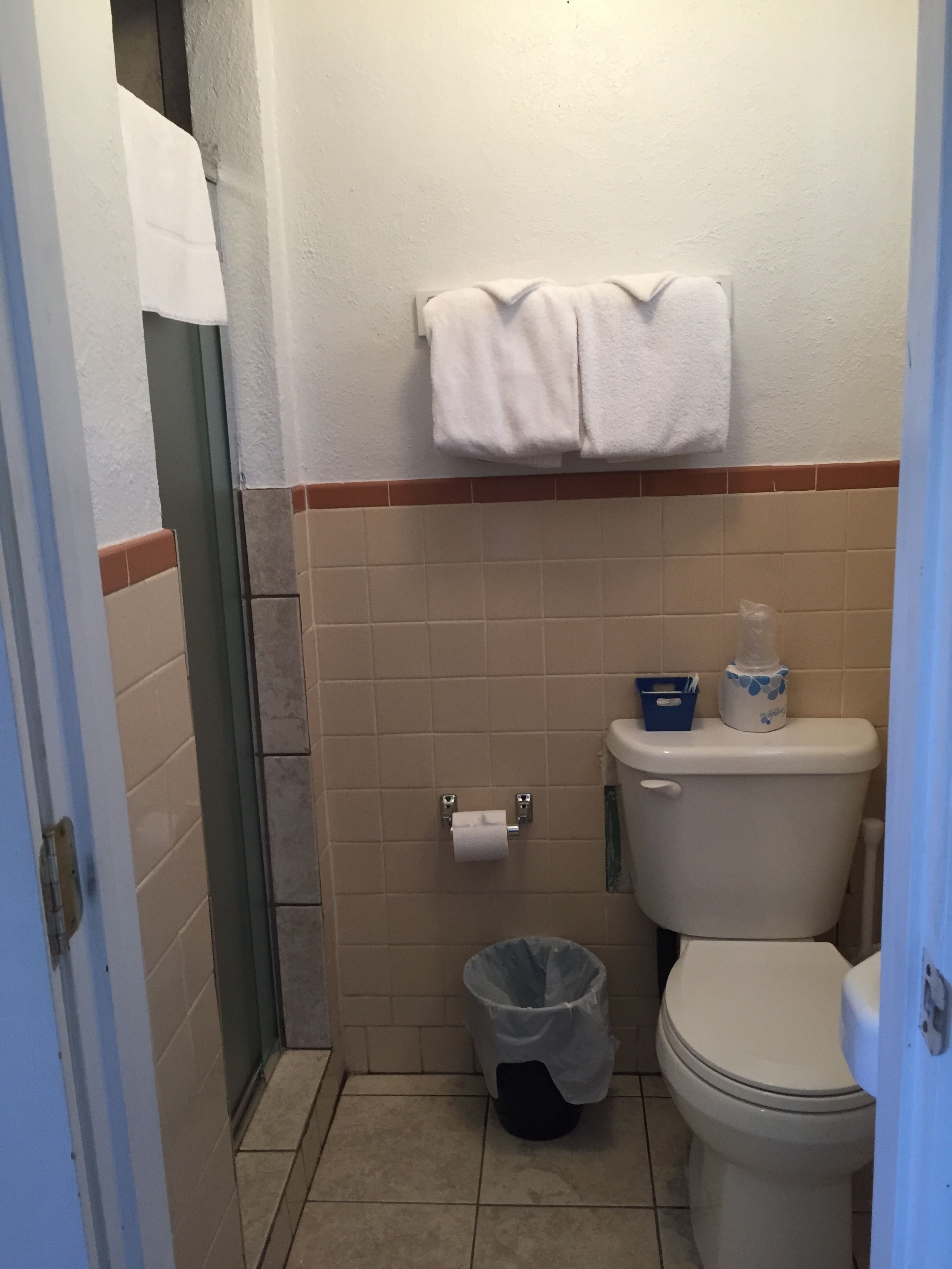 A small bathroom with a toilet, a trash can, and a towel rack.