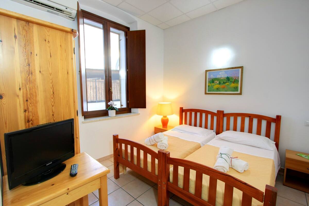 Une chambre d’hôtel avec un lit en bois, une télévision et une fenêtre donnant sur un beau paysage.